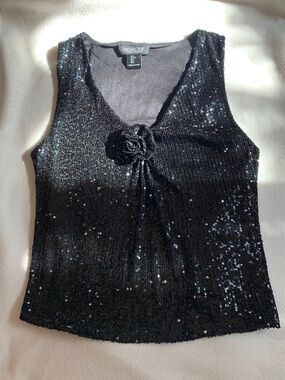 Rachel Zoe Black Sequin Flower Detail Top